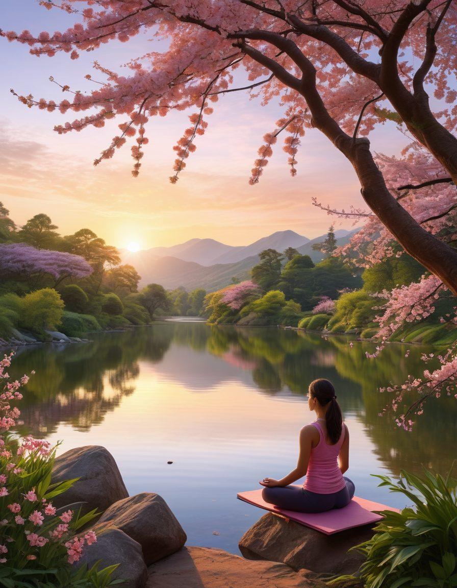 A serene landscape featuring a tranquil lake reflecting the soft glow of sunrise, surrounded by gentle hills and blooming cherry blossom trees. In the foreground, a diverse group of people, ranging in age and ethnicity, are practicing yoga and meditation, embodying peace and empowerment. Soft light radiates a sense of spirituality and connection to nature. ethereal and calming atmosphere. super-realistic. vibrant colors.