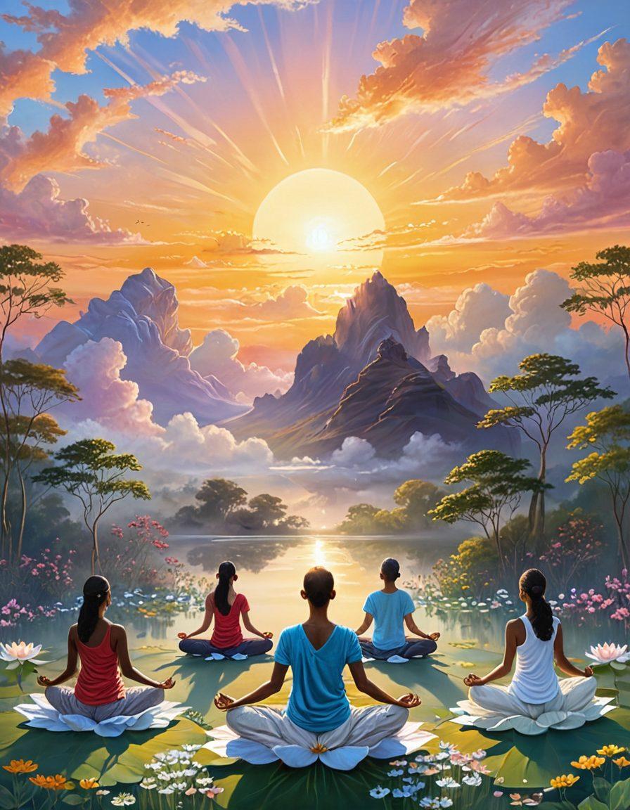 A serene landscape featuring a radiant sunrise breaking through soft clouds, symbolizing hope and grace. In the foreground, a diverse group of people of various ages and backgrounds, with closed eyes and hands uplifted, peacefully meditating in a lotus position. Delicate wisps of light encircle them, illustrating the essence of devotion and spirituality. Gentle, vibrant colors to evoke a sense of warmth and upliftment. painting. vibrant colors. ethereal.