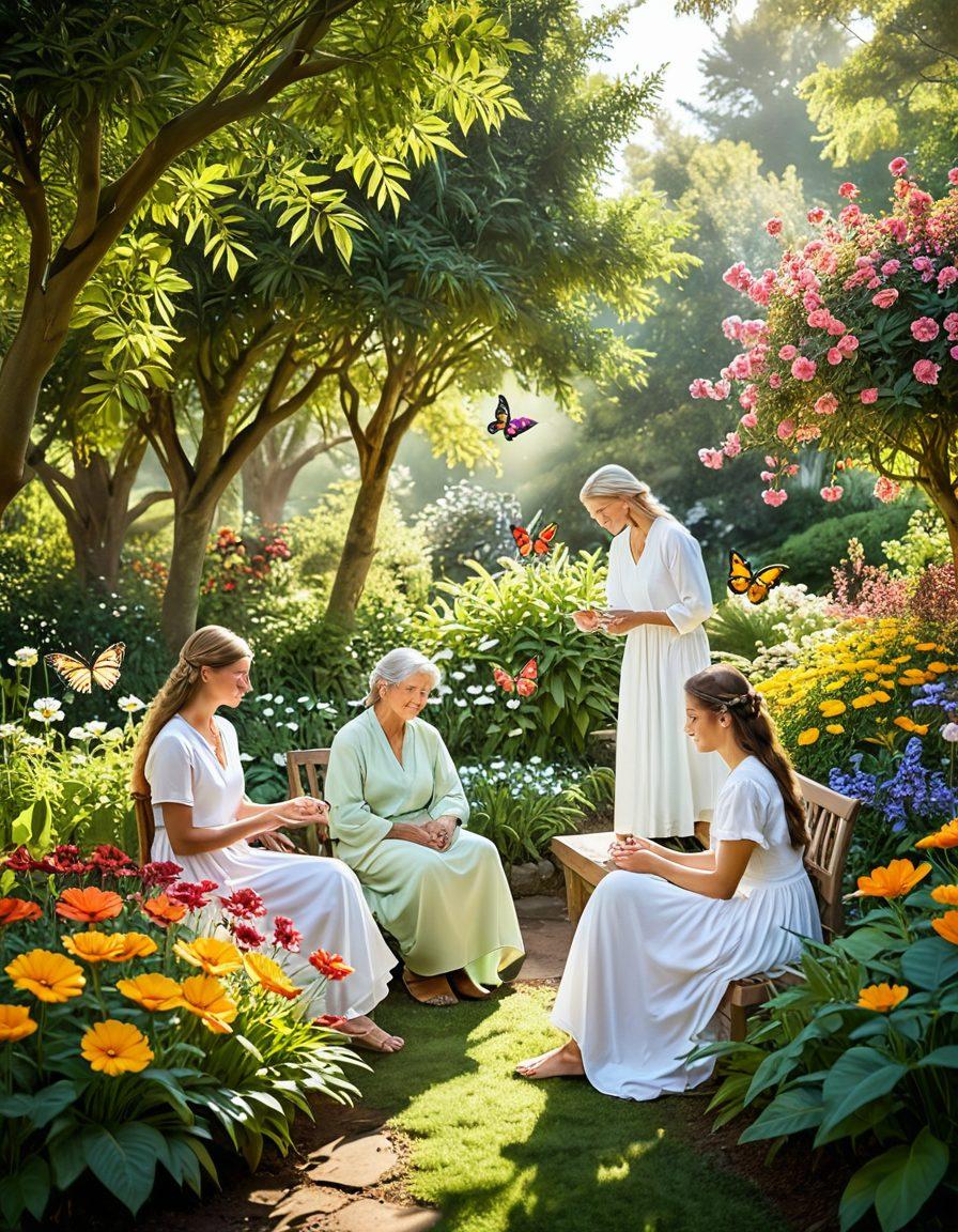 A serene garden scene featuring a diverse group of people engaging in acts of kindness, like helping each other and nurturing plants. Soft sunlight filtering through lush trees, symbolizing spiritual growth and warmth. Include elements of nature such as blooming flowers and gentle butterflies, all radiating compassion. Ethereal colors and harmonious composition evoke a sense of peace and connection. soft focus, vibrant colors, dreamy atmosphere.